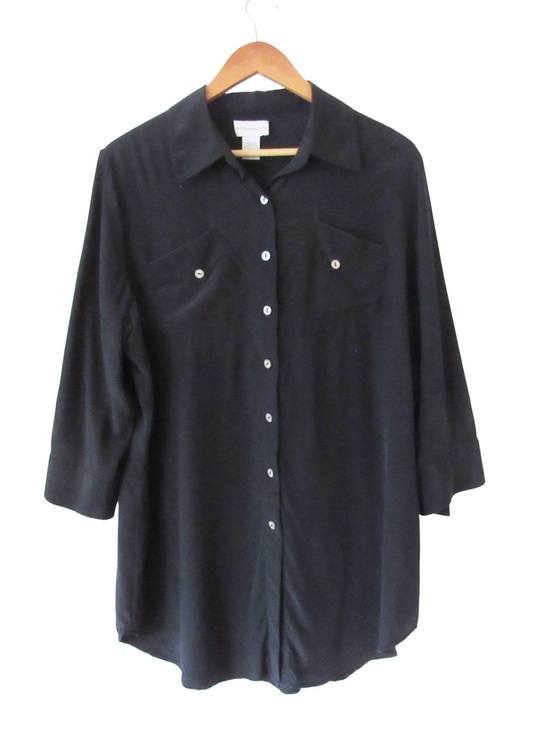 Soft Surroundings Tops - Soft Surroundings Silk Button Down Shirt Tunic Large Black Lagenlook Minimalist